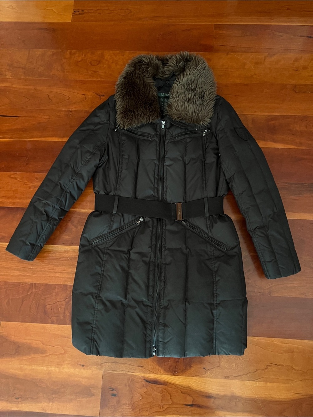 Ralph Lauren Black Quilted Belted Coat with Removable Faux Fur Collar